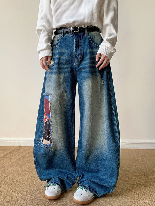 Men Wide Leg Mid-Rise Low Distress Light Fade Jeans