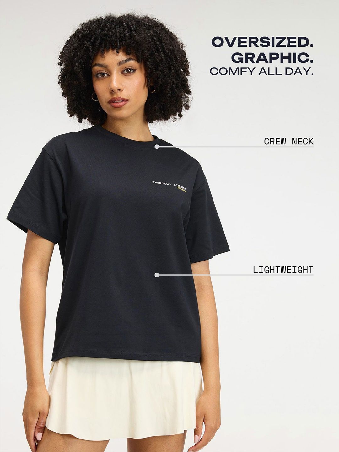 Women Black Courtside Oversized Printed Cotton-Spandex Tee
