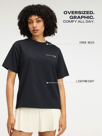 Women Black Courtside Oversized Printed Cotton-Spandex Tee