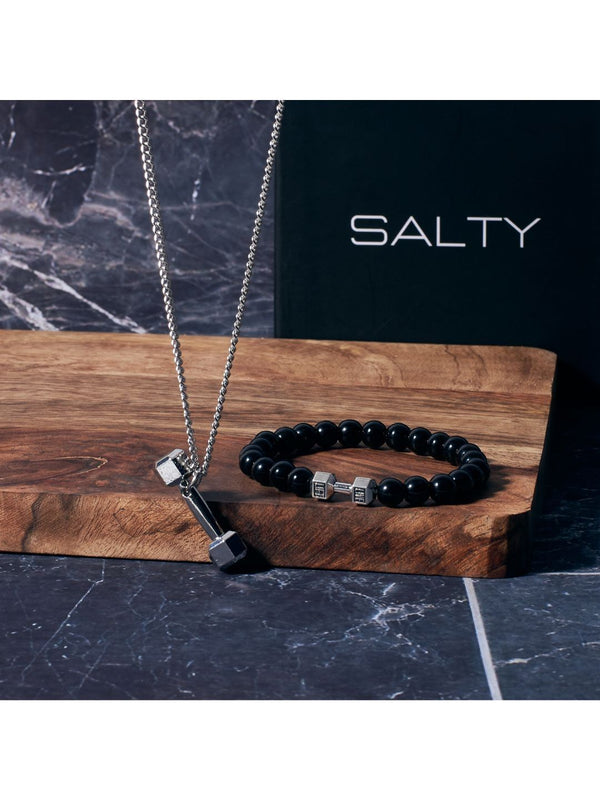 SALTY Dumbbell Chain & Strength Beaded Stone Band Jewellery Set