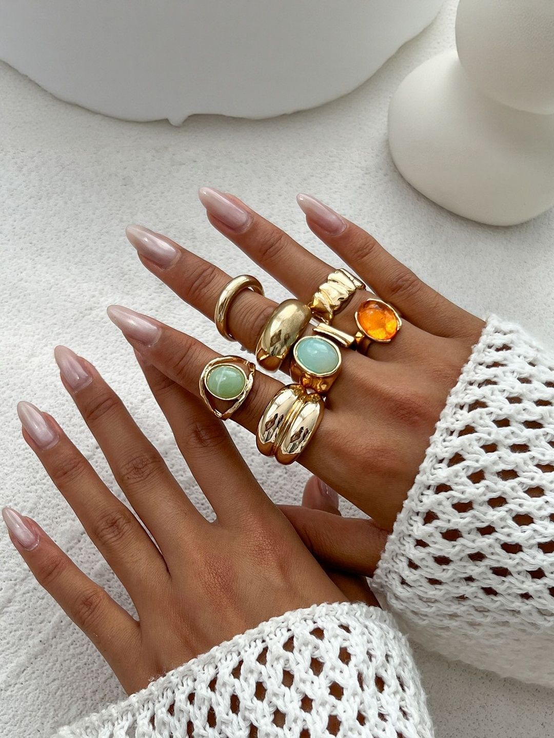 Women Set Of 7 Gold-Plated Stones Studded Adjustable Finger Rings
