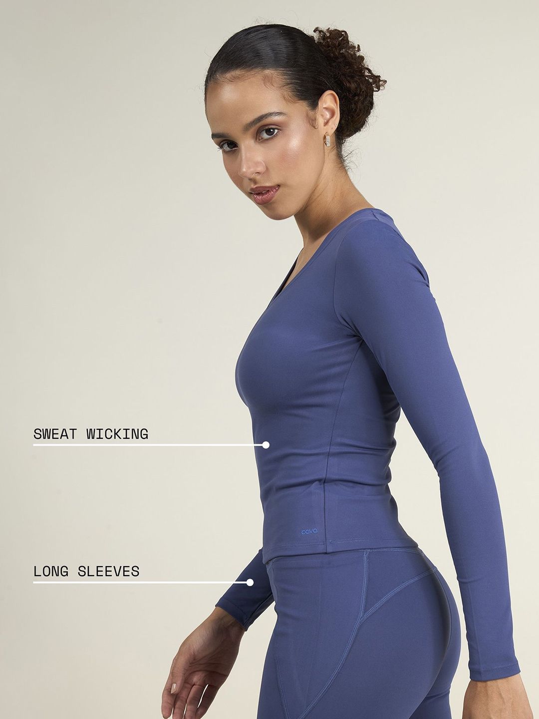 Navy Women Sculpt Snug Fit V-Neck Full Sleeves Fitted Top