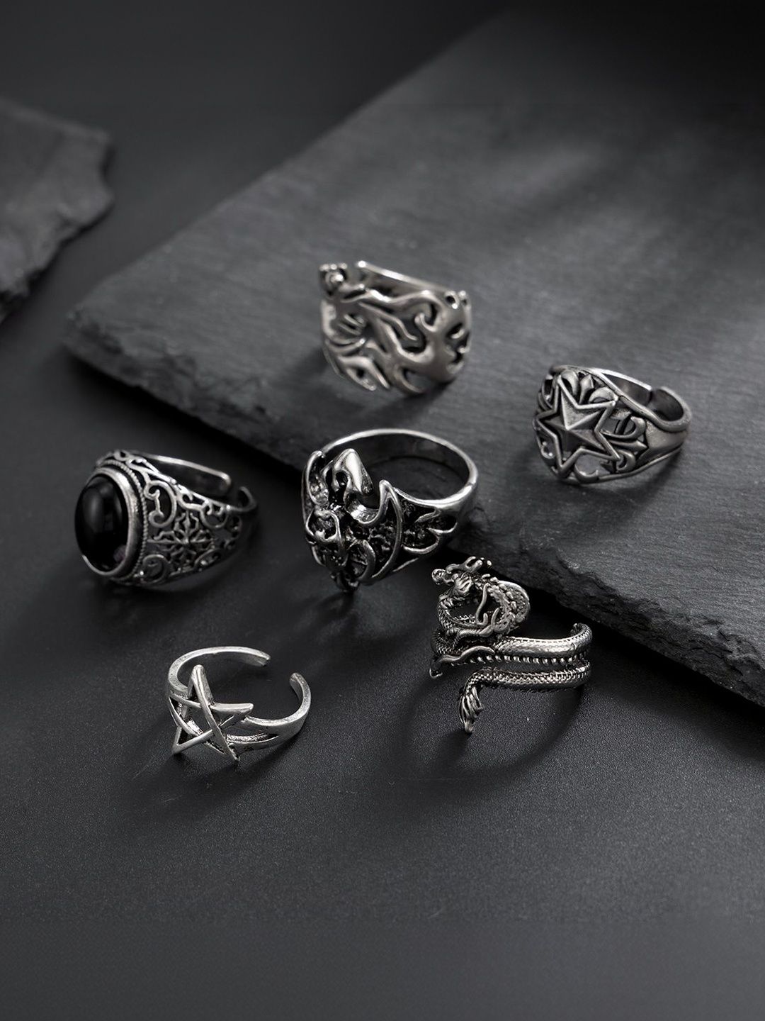Men Set Of 6 Silver-Plated Finger Ring