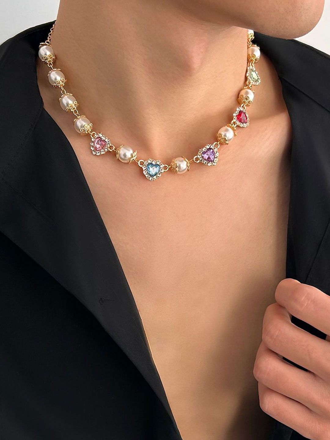Gold-Plated Artificial Stones Studded And Beaded Necklace