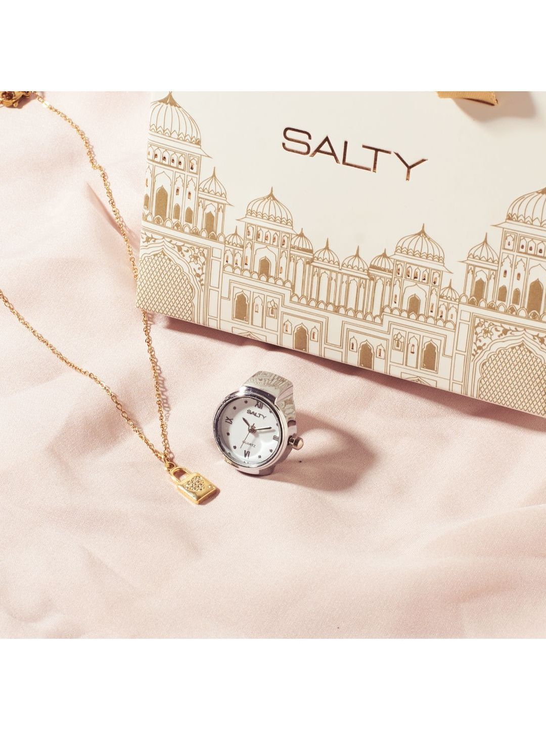 SALTY Clockout Watch Ring - Silver and Love Lock Charm Necklace Jewellery Set