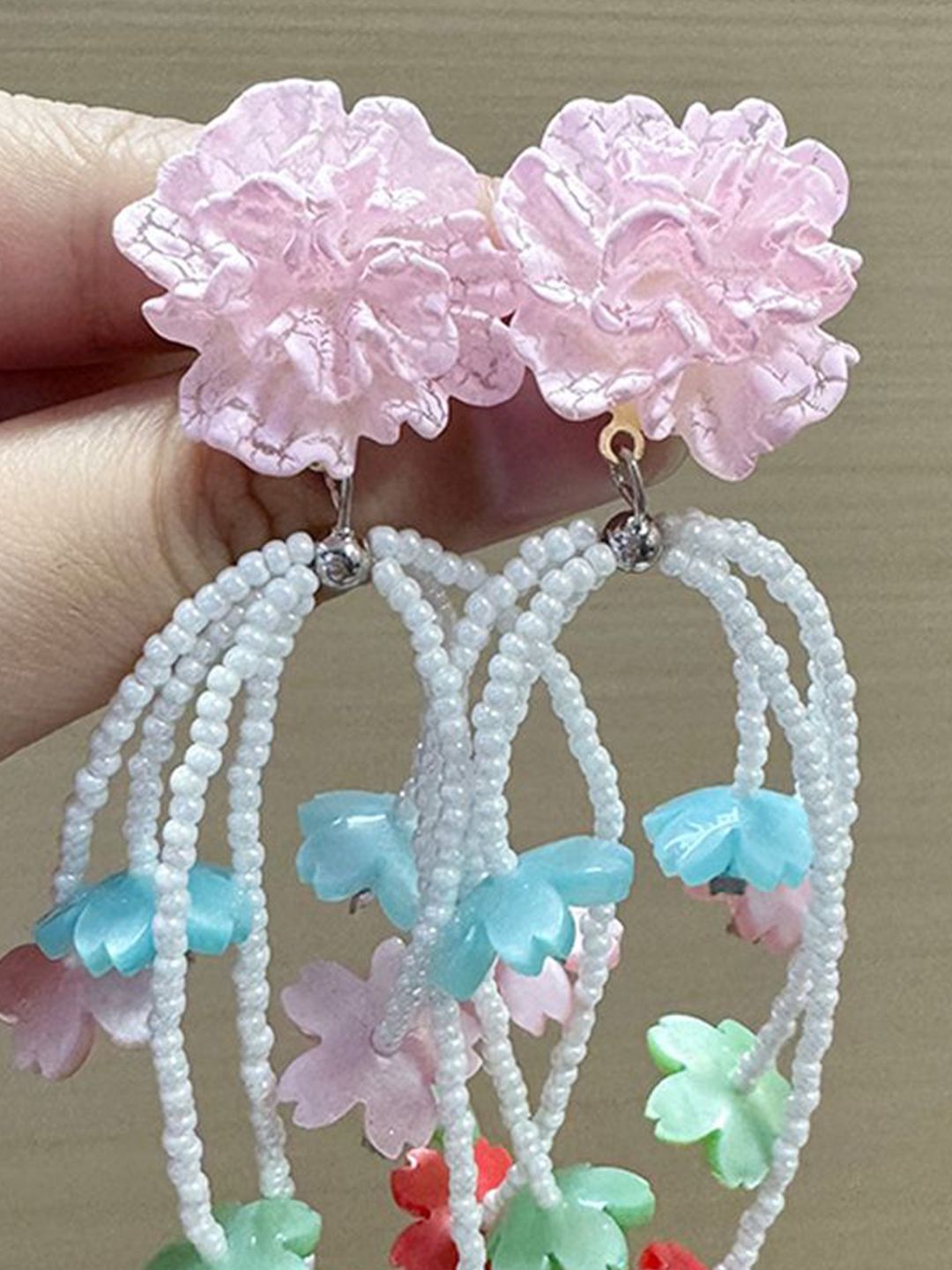Artificial Beaded Floral Shaped Tasselled Drop Earrings
