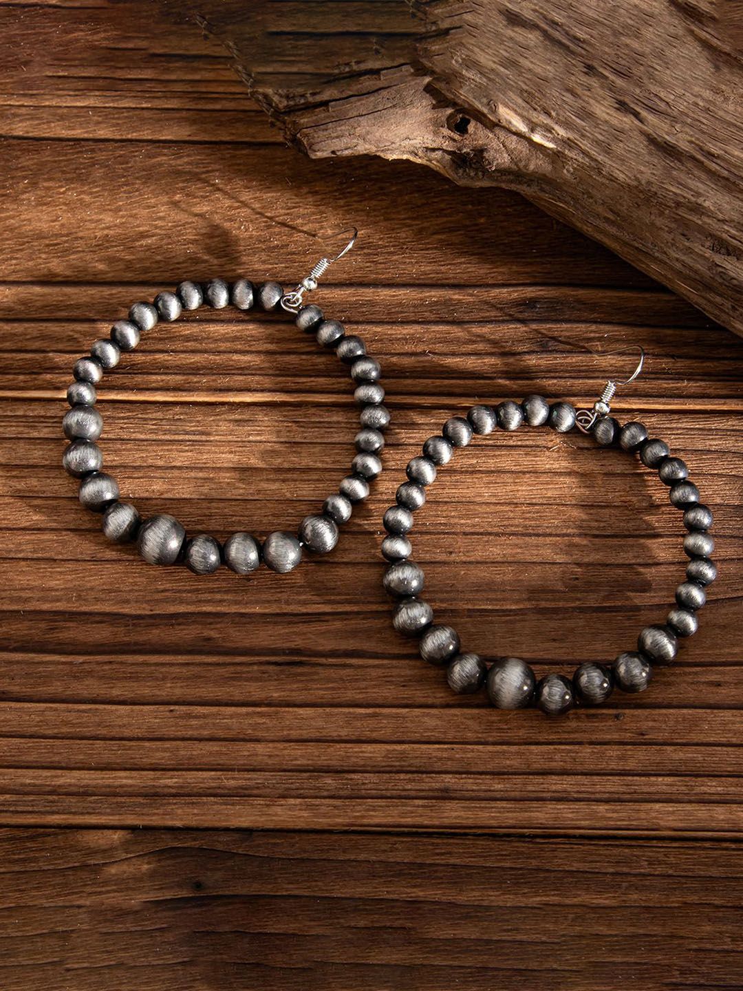 Silver-Plated Beaded Oxidised Circular Shaped Half Hoop Earrings