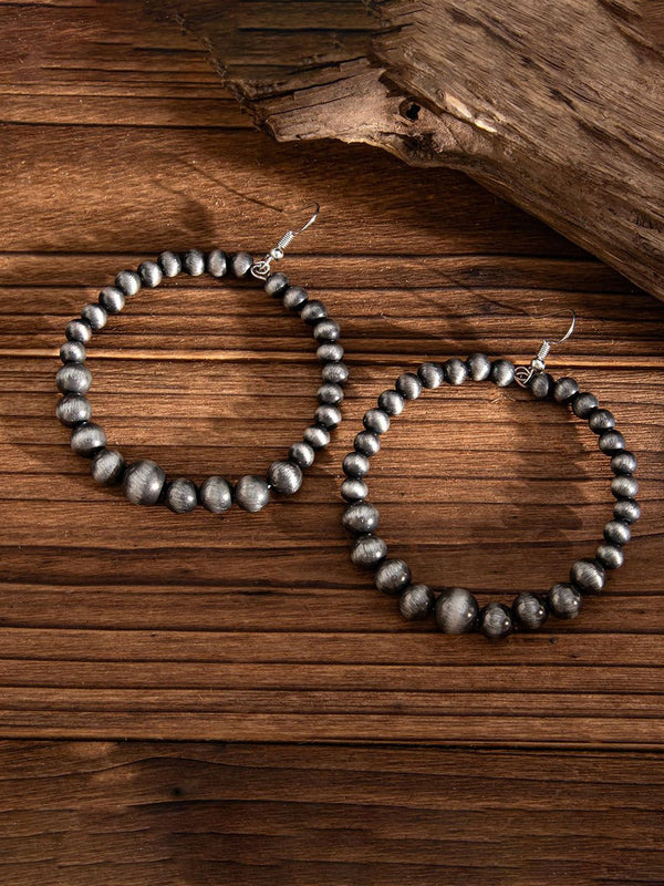 Silver-Plated Beaded Oxidised Circular Shaped Half Hoop Earrings