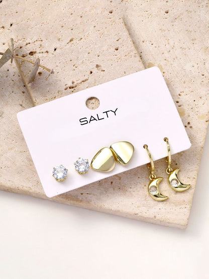SALTY Gold Plated Set Of 3 Contemporary Artificial Stone Studded Studs Earrings