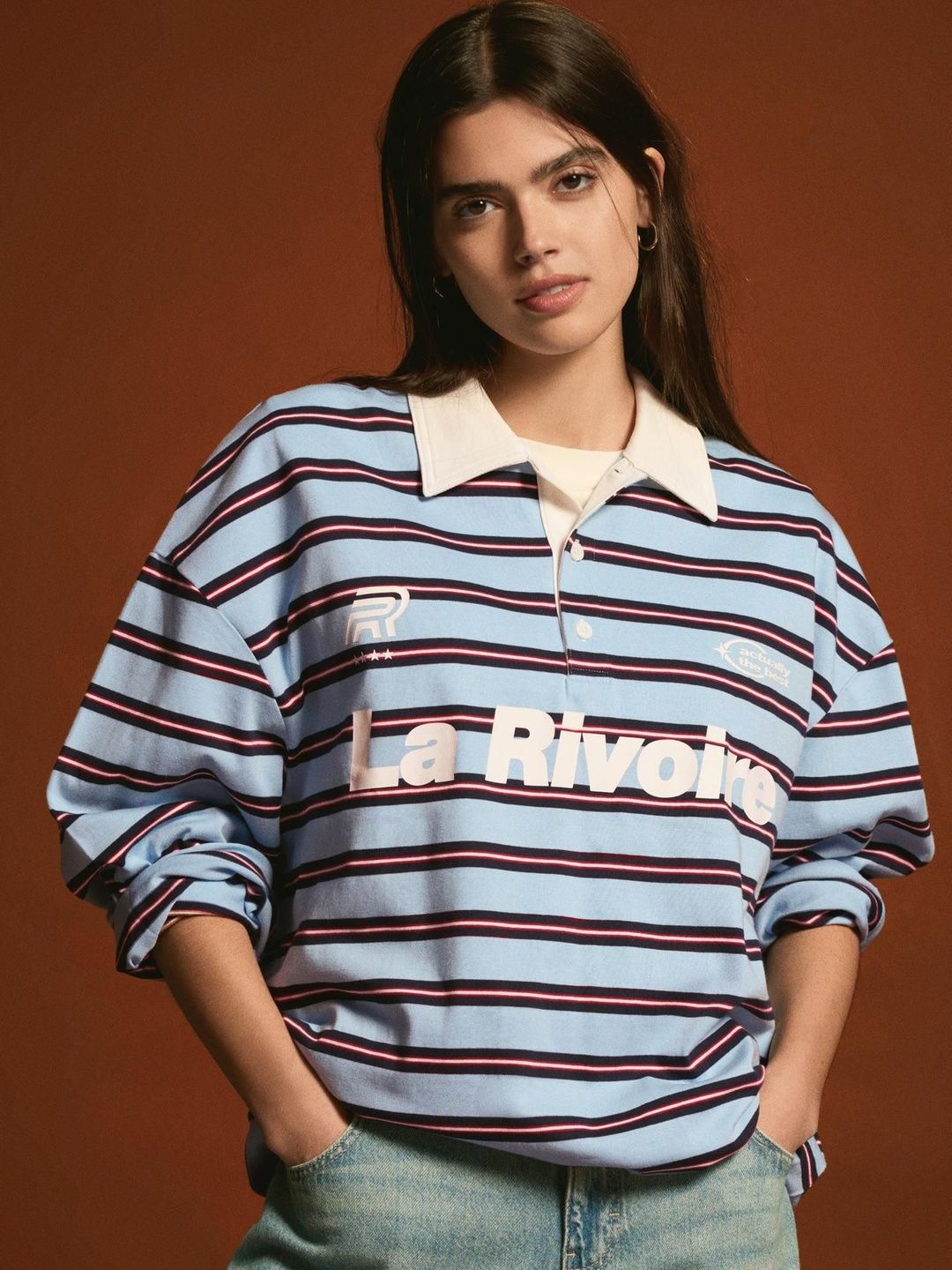Printed long-sleeve polo collar T-shirt