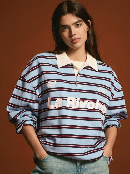 Printed long-sleeve polo collar T-shirt