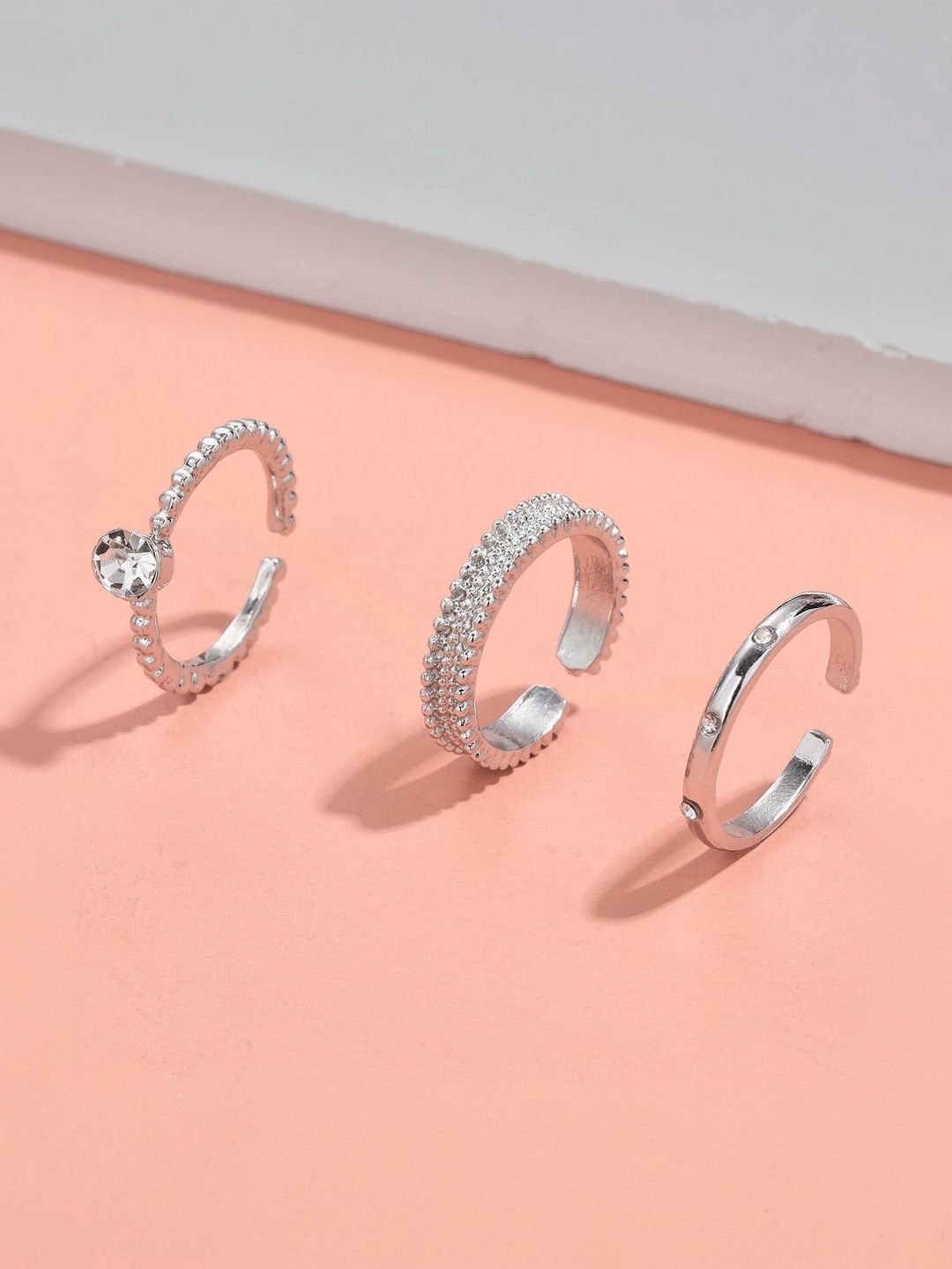 Set of 3 Silver-Plated Stone-Studded Finger Rings