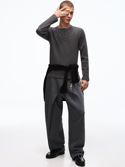 Long-sleeve slim-fit Henley collar T-shirt