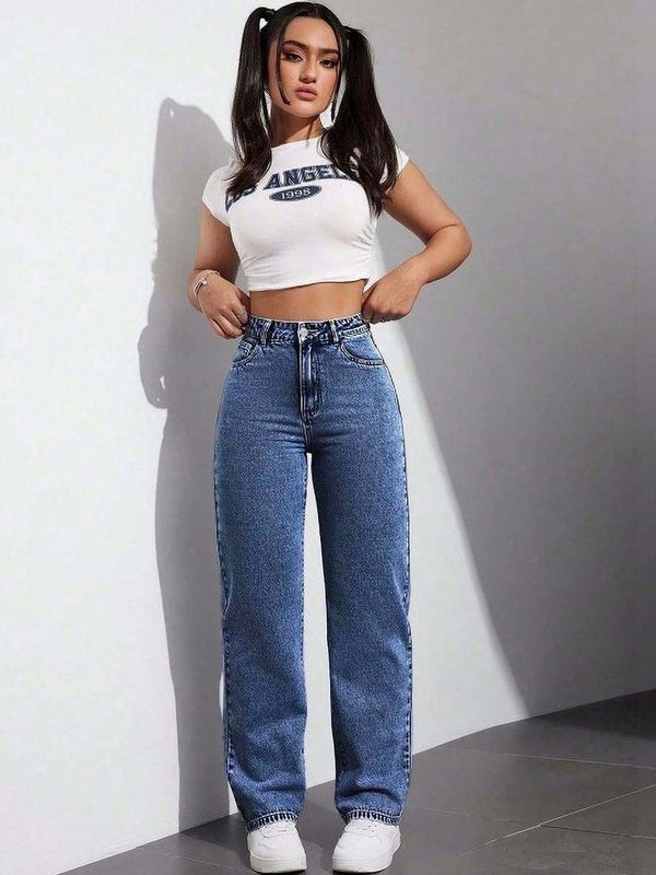 Women Classic Straight Fit High-Rise Light Fade Stretchable Jeans