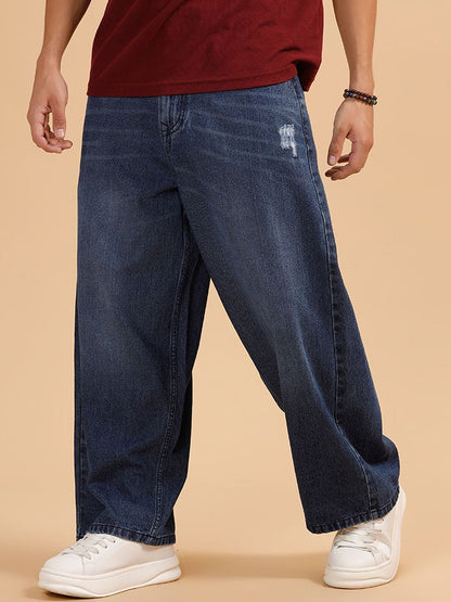 Men Cotton Comfort Mid-Rise Low Distress Light Fade Jeans
