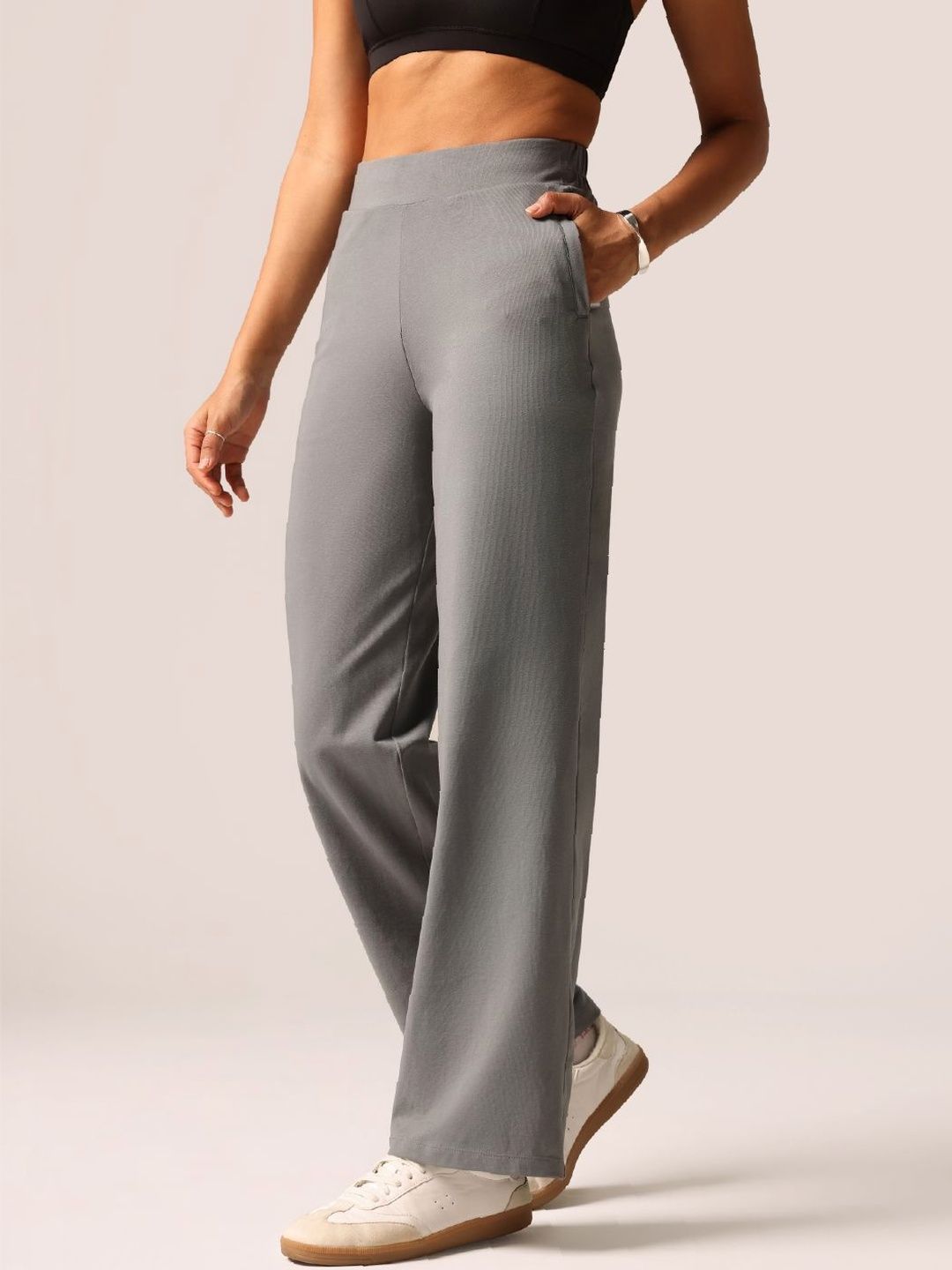 Women Grey Cotton Wide Legged Pants - Tall