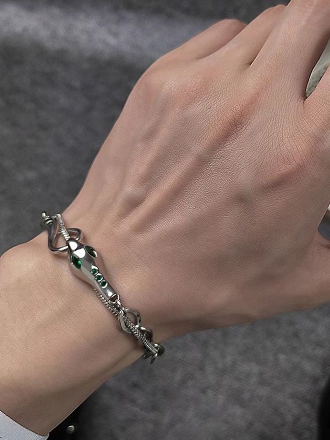 Men Stainless Steel Silver-Plated Stones Studded Link Bracelet