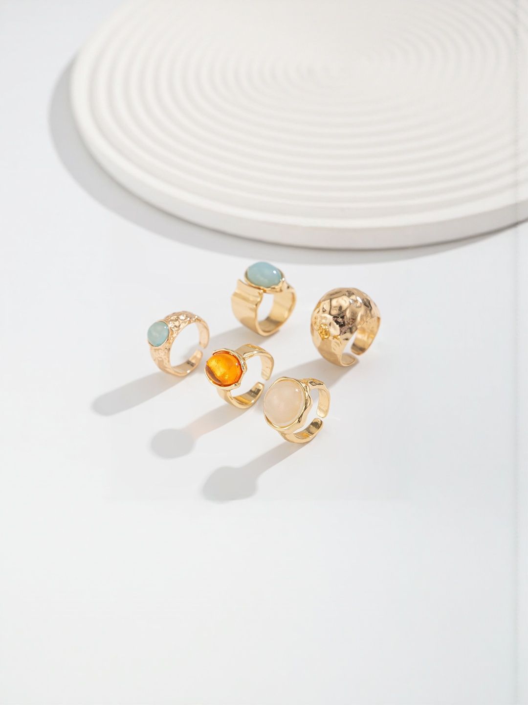 Set Of 5 Gold-Plated Stone Studded Finger Ring