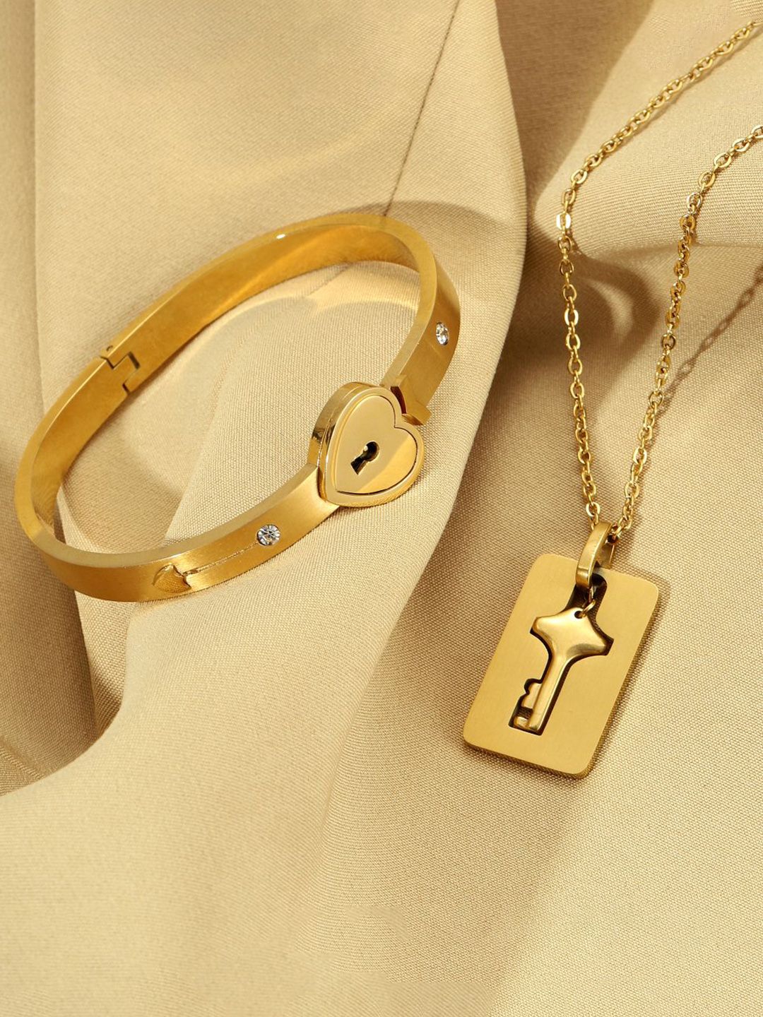 SALTY Stainless Steel Golden Lock & Key Love Bracelet & Necklace Set for Women & Girls