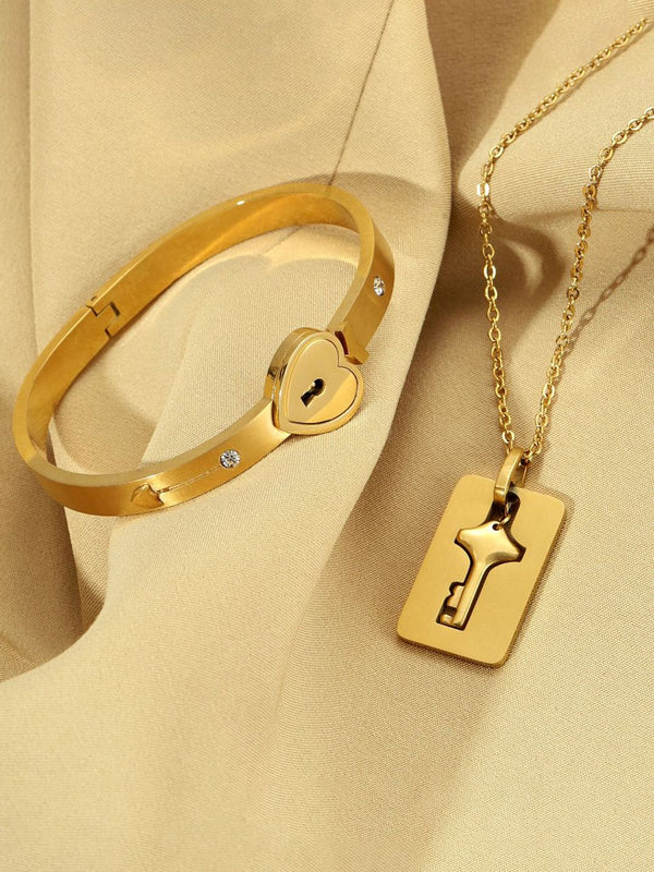SALTY Stainless Steel Golden Lock & Key Love Bracelet & Necklace Set for Women & Girls