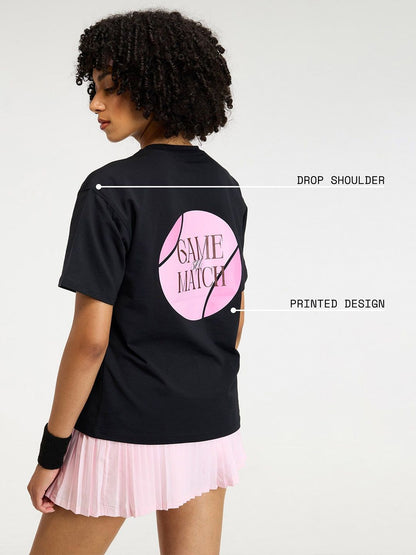 Women Black Serve Side Oversized Printed Cotton-Spandex Tee
