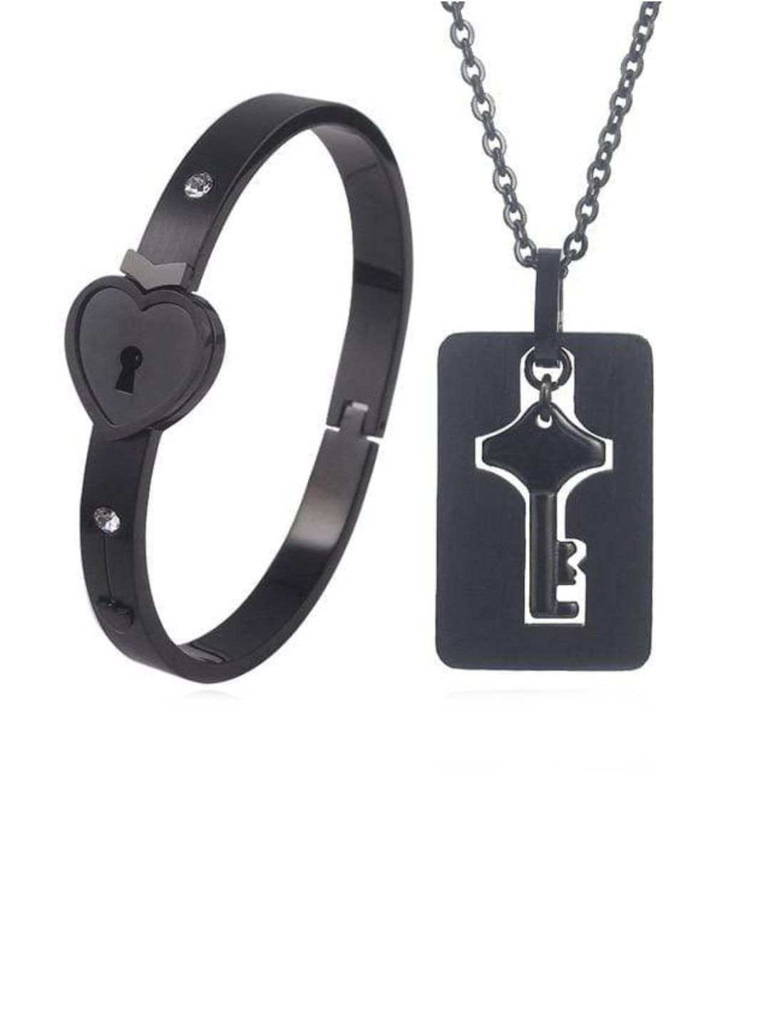 SALTY Stainless Steel Black Lock And Key Love Bracelet And Necklace Set For Women & Girls