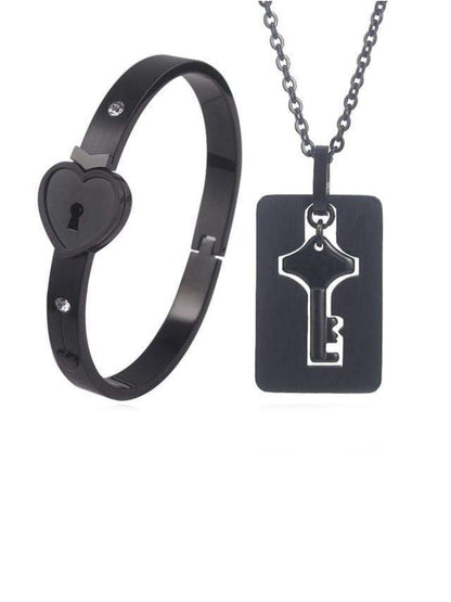 SALTY Stainless Steel Black Lock And Key Love Bracelet And Necklace Set For Women & Girls