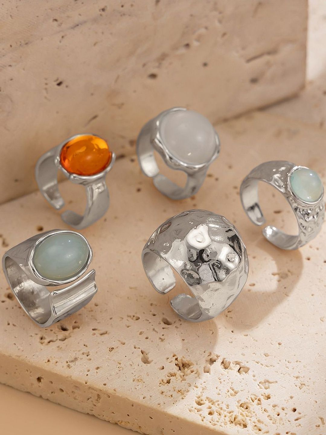 Women Set Of 5 Silver-Plating Adjustable Finger Ring