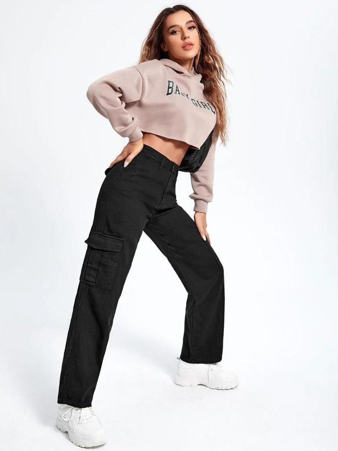 Women Cotton Straight Fit High-Rise Cargo Styles Jeans
