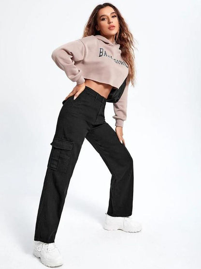 Women Cotton Straight Fit High-Rise Cargo Styles Jeans