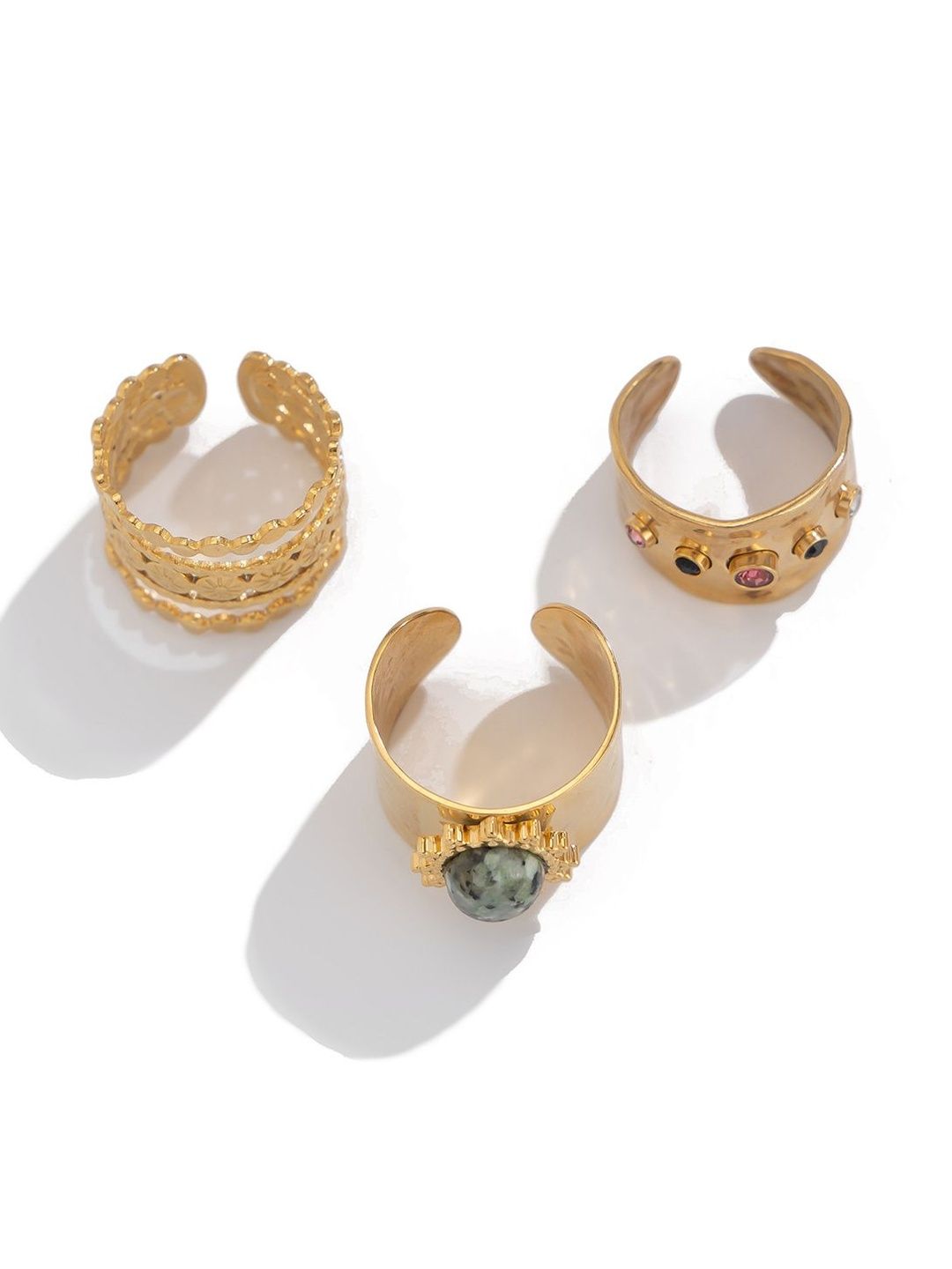 Set Of 3 Gold-Plated Stone-Studded Adjustable Finger Rings