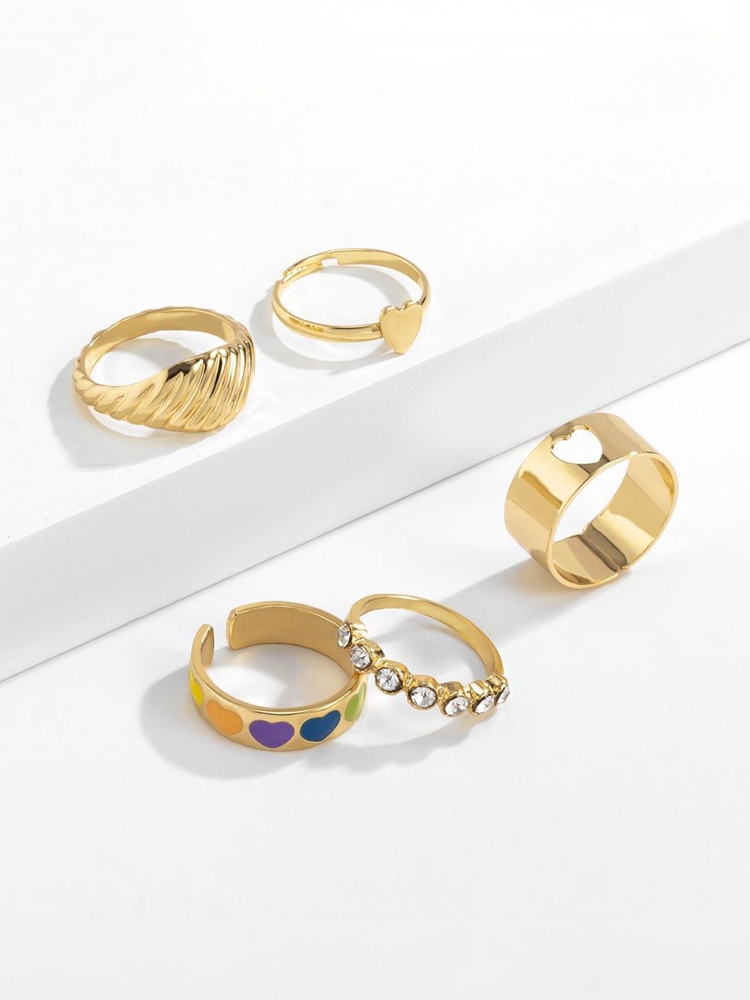 Men Set Of 5 Gold-Plated Stone-Studded Finger Ring