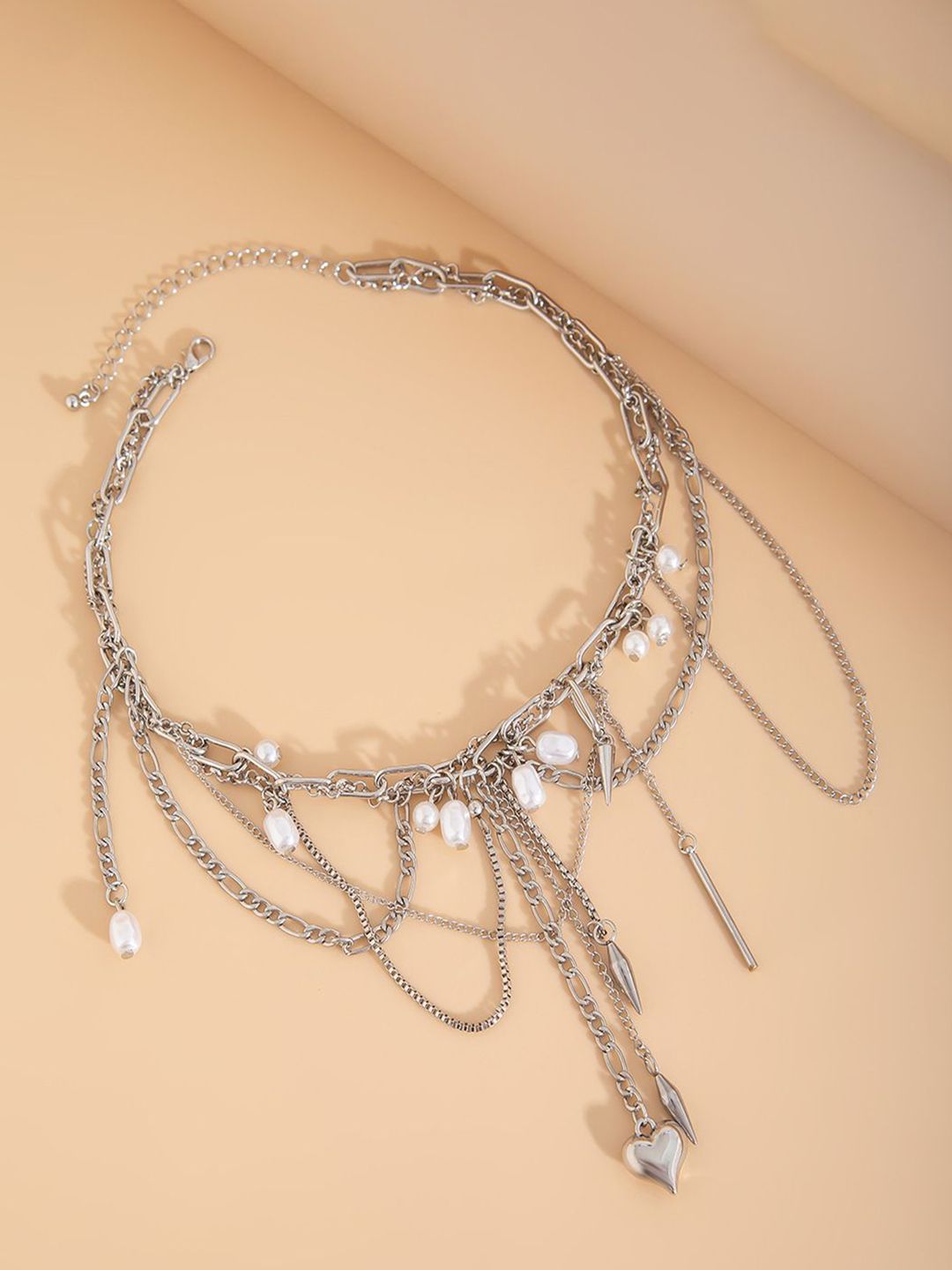 Silver-Plated Artificial Beaded Tasselled Statement Necklace