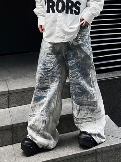 Men Wide Leg Mid-Rise Light Fade Printed Jeans