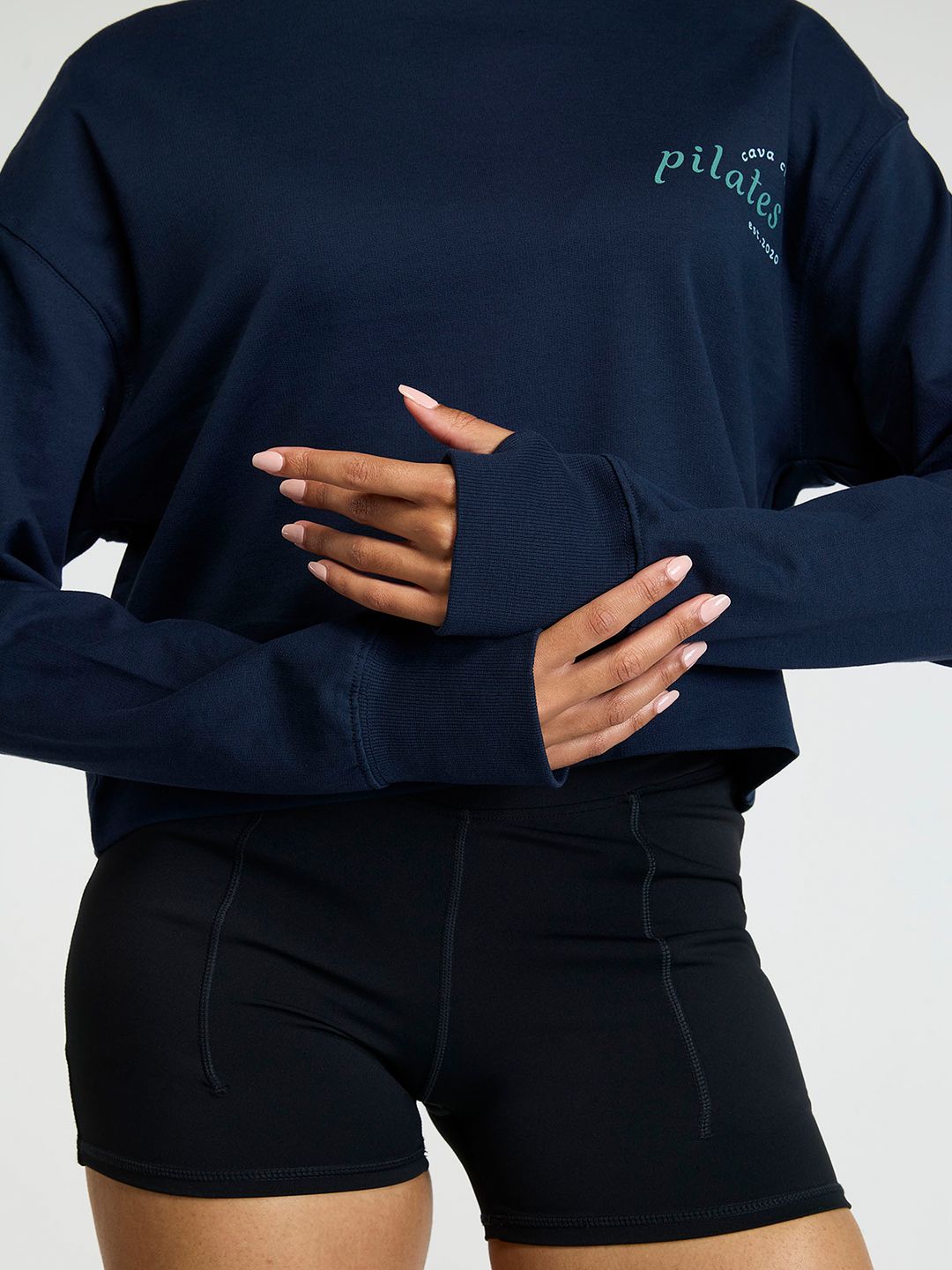 Women Navy Pilates Club Cropped Cotton Sweatshirt with Thumbholes
