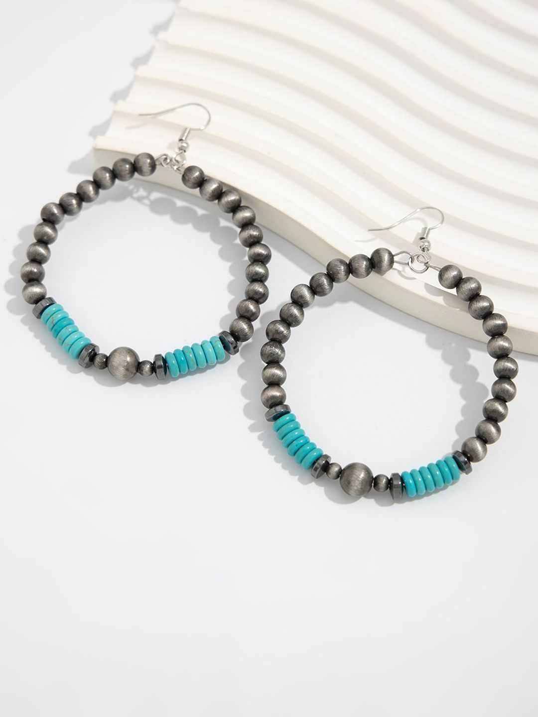 Silver-Plated Artificial Beaded Circular Shaped Drop Earrings