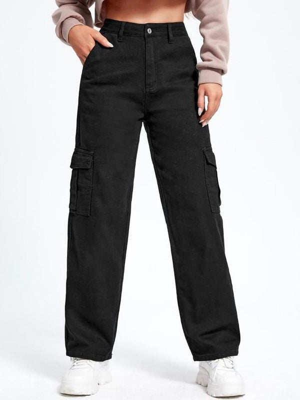 Women Cotton Straight Fit High-Rise Cargo Styles Jeans