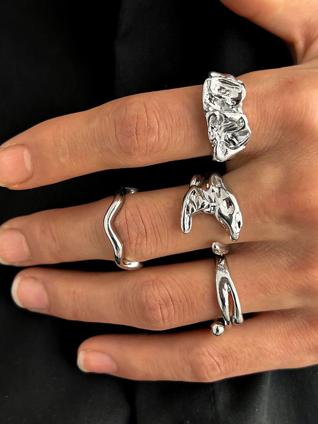 Men Set Of 4 Sliver-Plated Adjustable Finger Rings