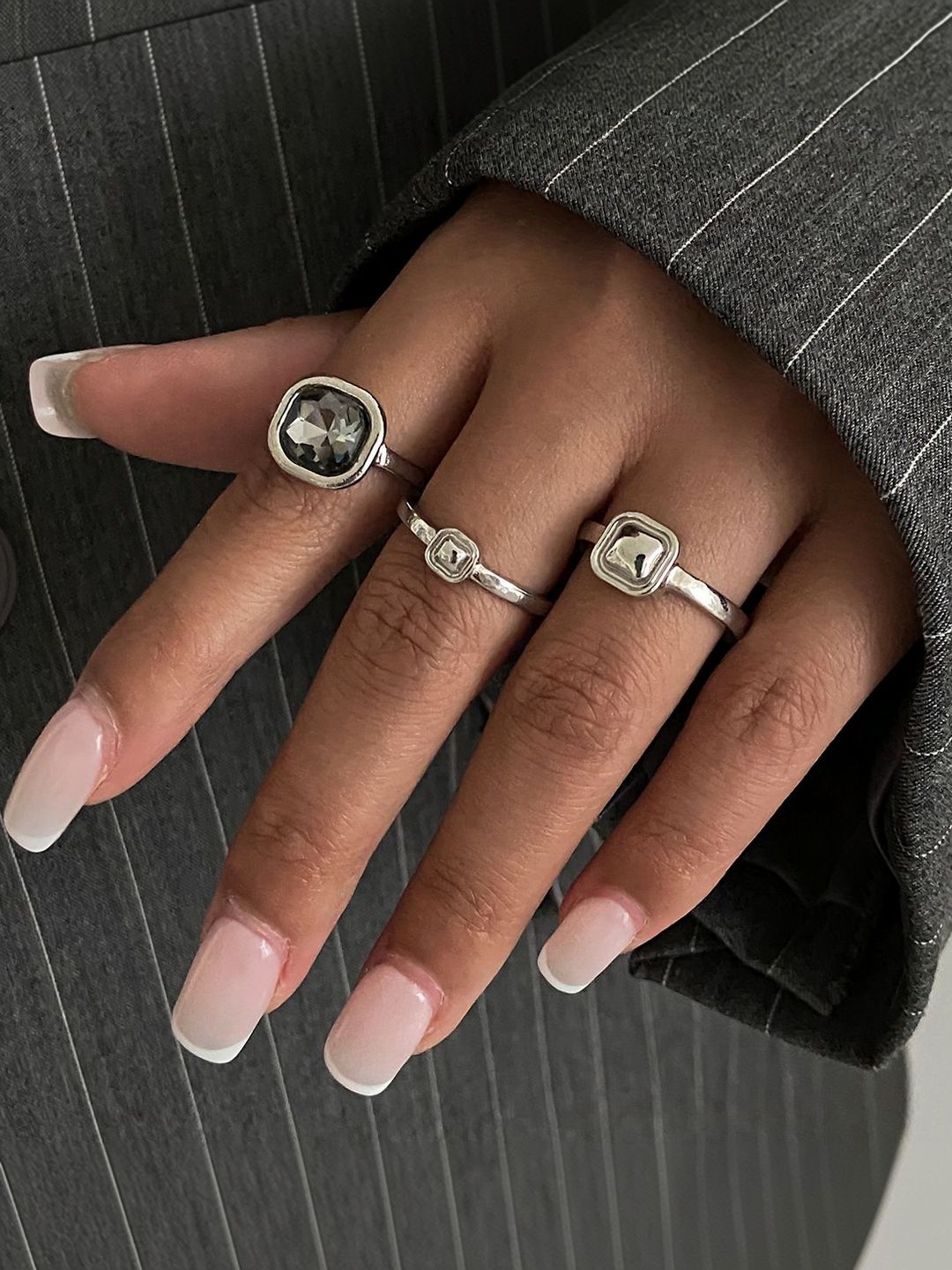 Set of 3 Silver-Plated Stone-Studded Finger Ring