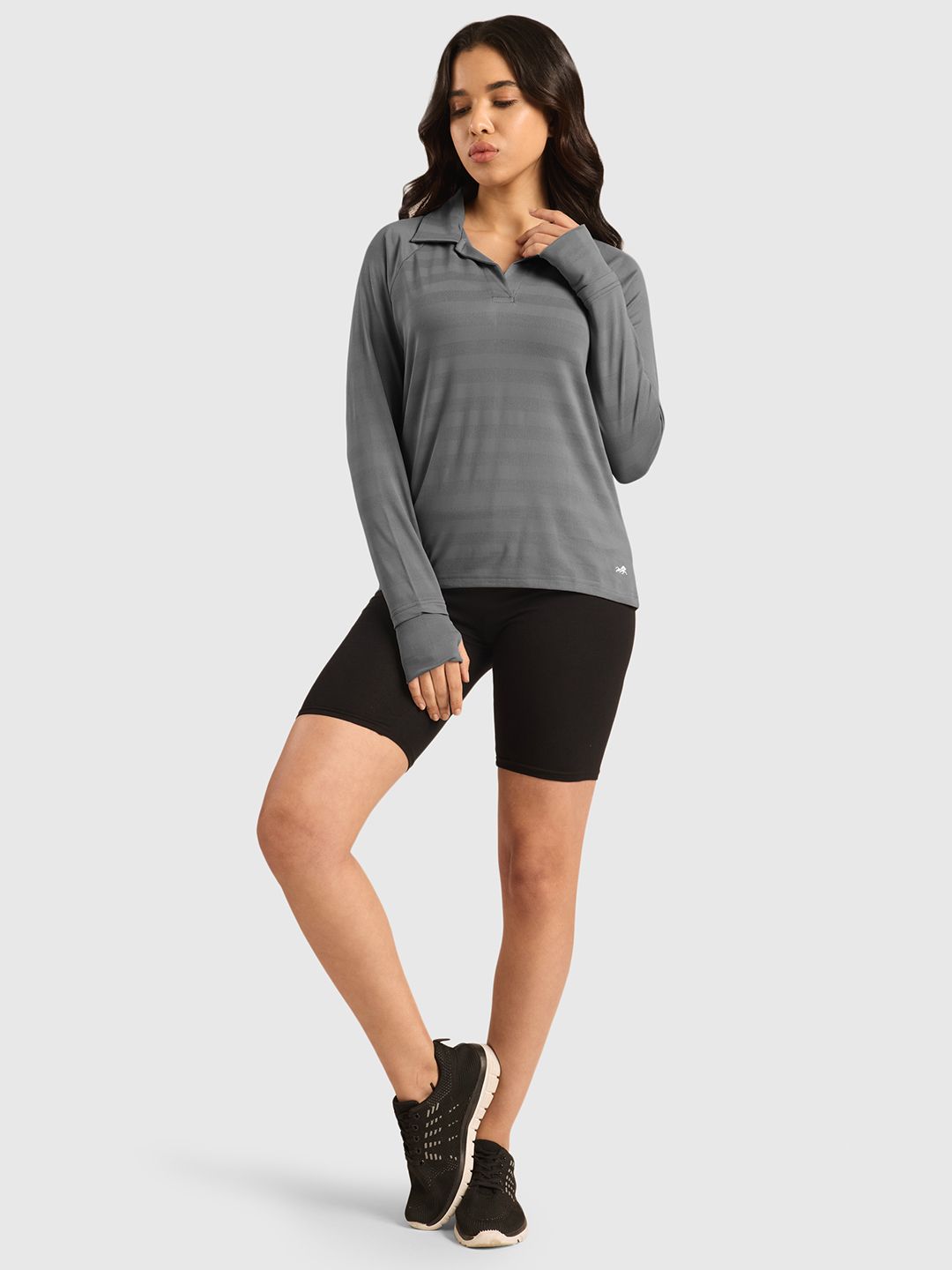 Women Vogue Self Design Polo Collar T-shirt