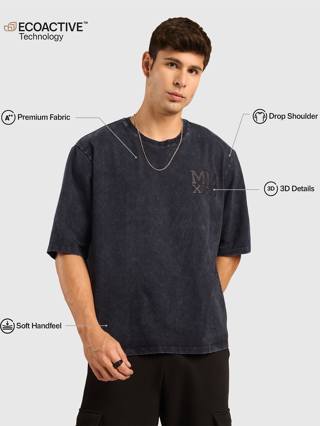 Men Typography Printed Round Neck Cotton Acid Wash Oversized T-shirt