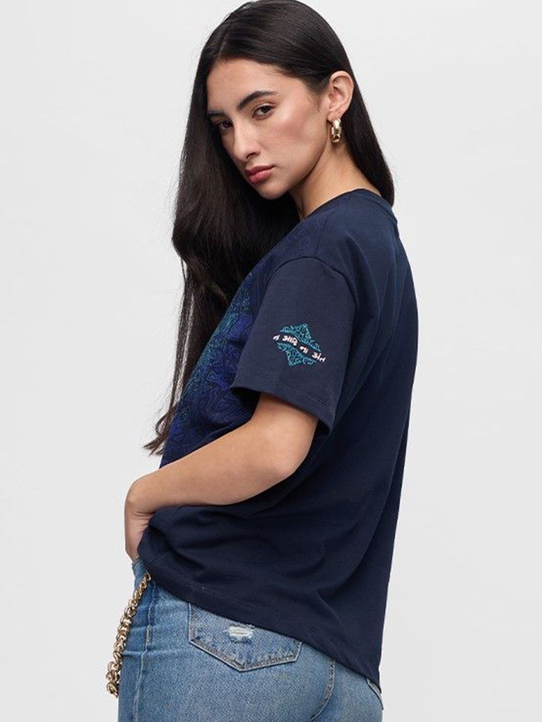 Women Oversized Printed Navy Blue T-Shirts
