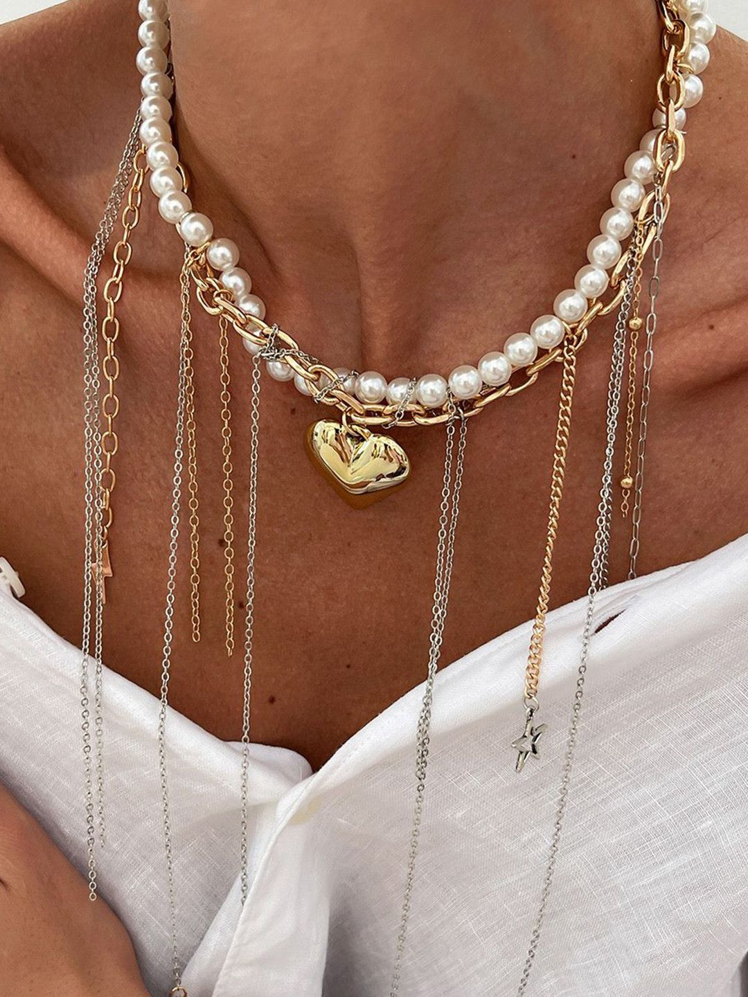 Silver-Plated Pearls Beaded Tasselled Statement Necklace
