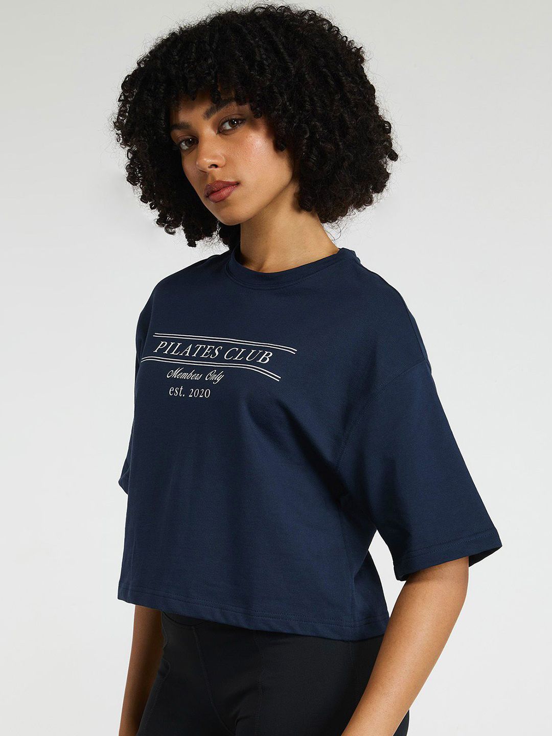 Women Navy Pilates Core Cropped Cotton Boxy Tee