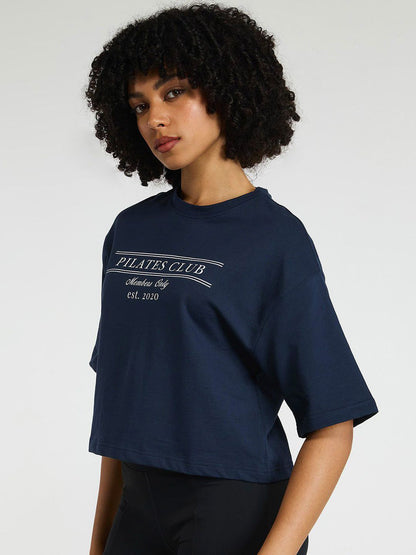 Women Navy Pilates Core Cropped Cotton Boxy Tee