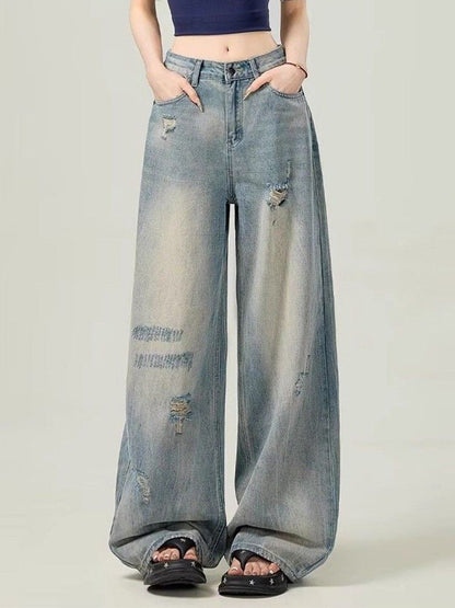 Women Wide Leg Mid-Rise Mildly Distressed Light Fade Jeans