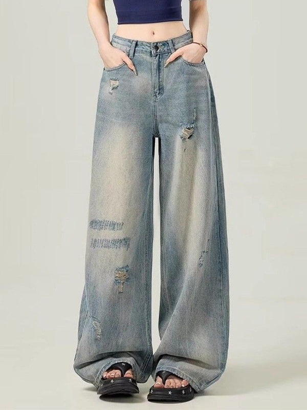 Women Wide Leg Mid-Rise Mildly Distressed Light Fade Jeans