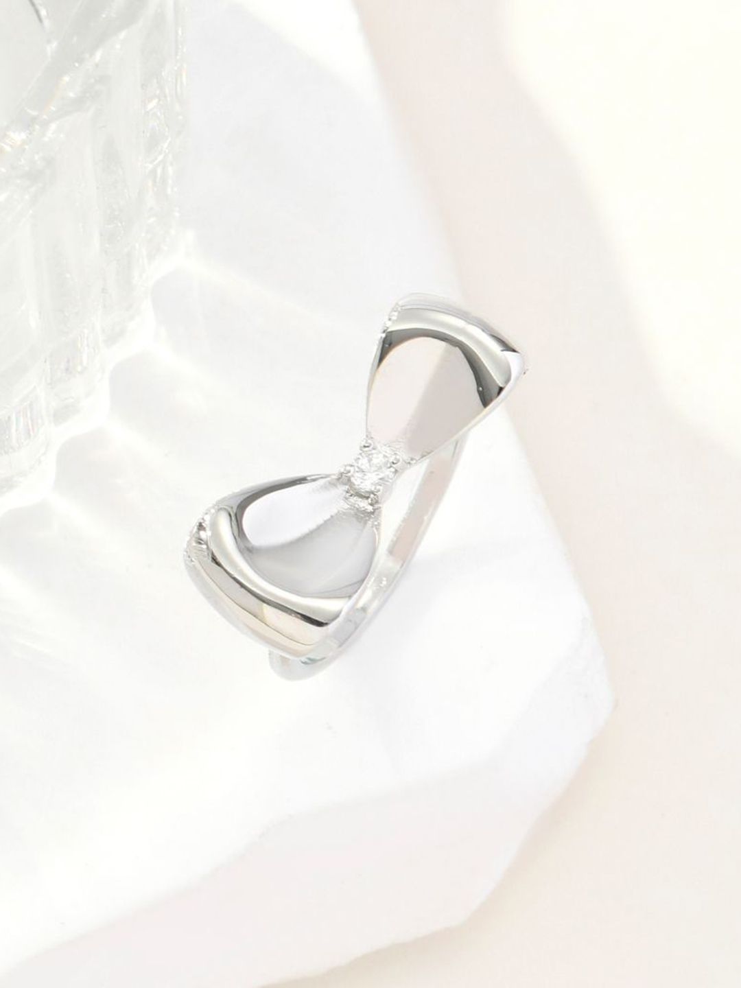 SALTY Silver-Plated Bow Studded Ring For Women & Girls Stylish Adjustable Finger Ring