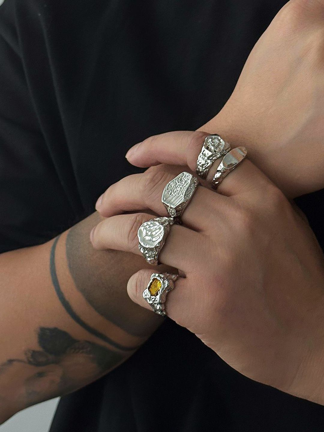 Men Set Of 5 Silver-Plated Stones-Studded Adjustable Finger Rings