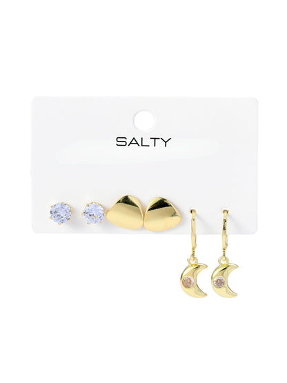 SALTY Gold Plated Set Of 3 Contemporary Artificial Stone Studded Studs Earrings